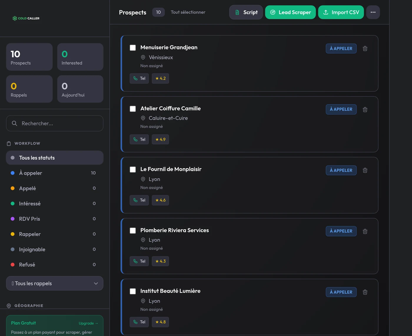 Interface Coldcaller affichant une liste de prospects locaux